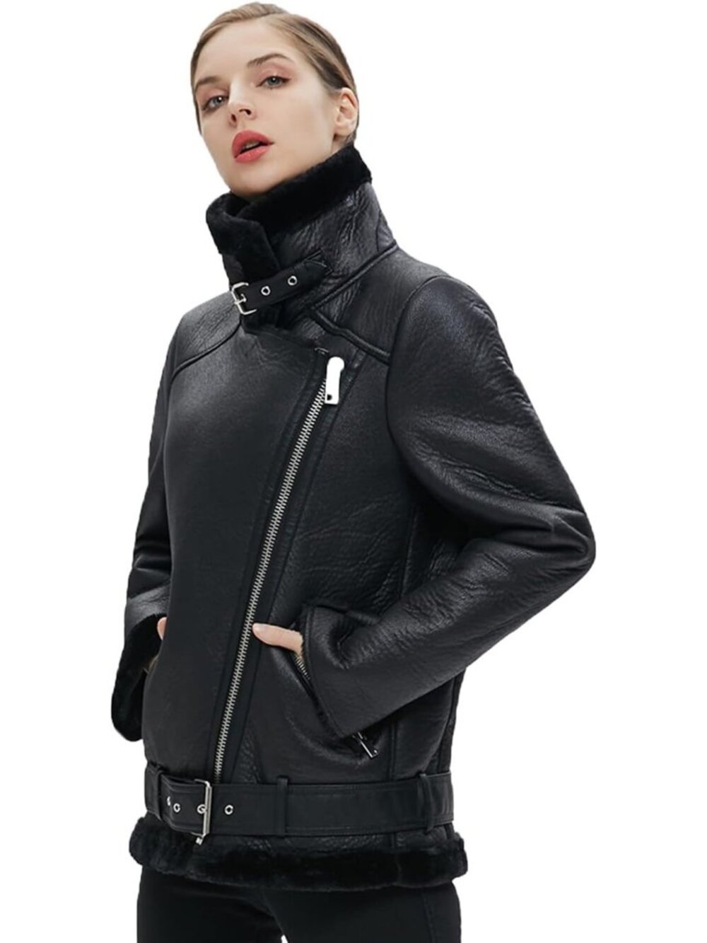 Women's Black Polyester Faux Shearing Moto Thick Lined Winter Leather Jacket - Picture 2 of 5